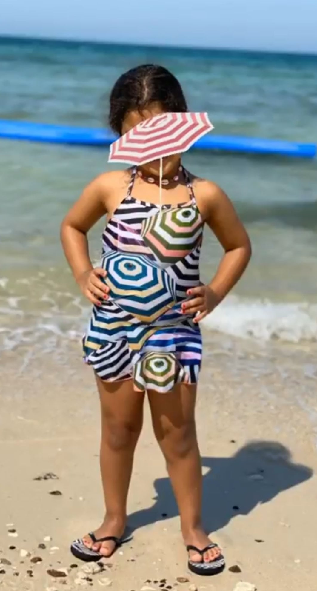 Multi colour parasol swimsuit dress & flipflops