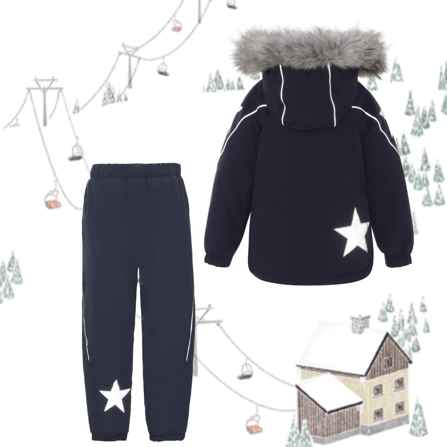 Navy star faux fur hood skiwear