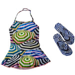 Multi colour parasol swimsuit dress & flipflops